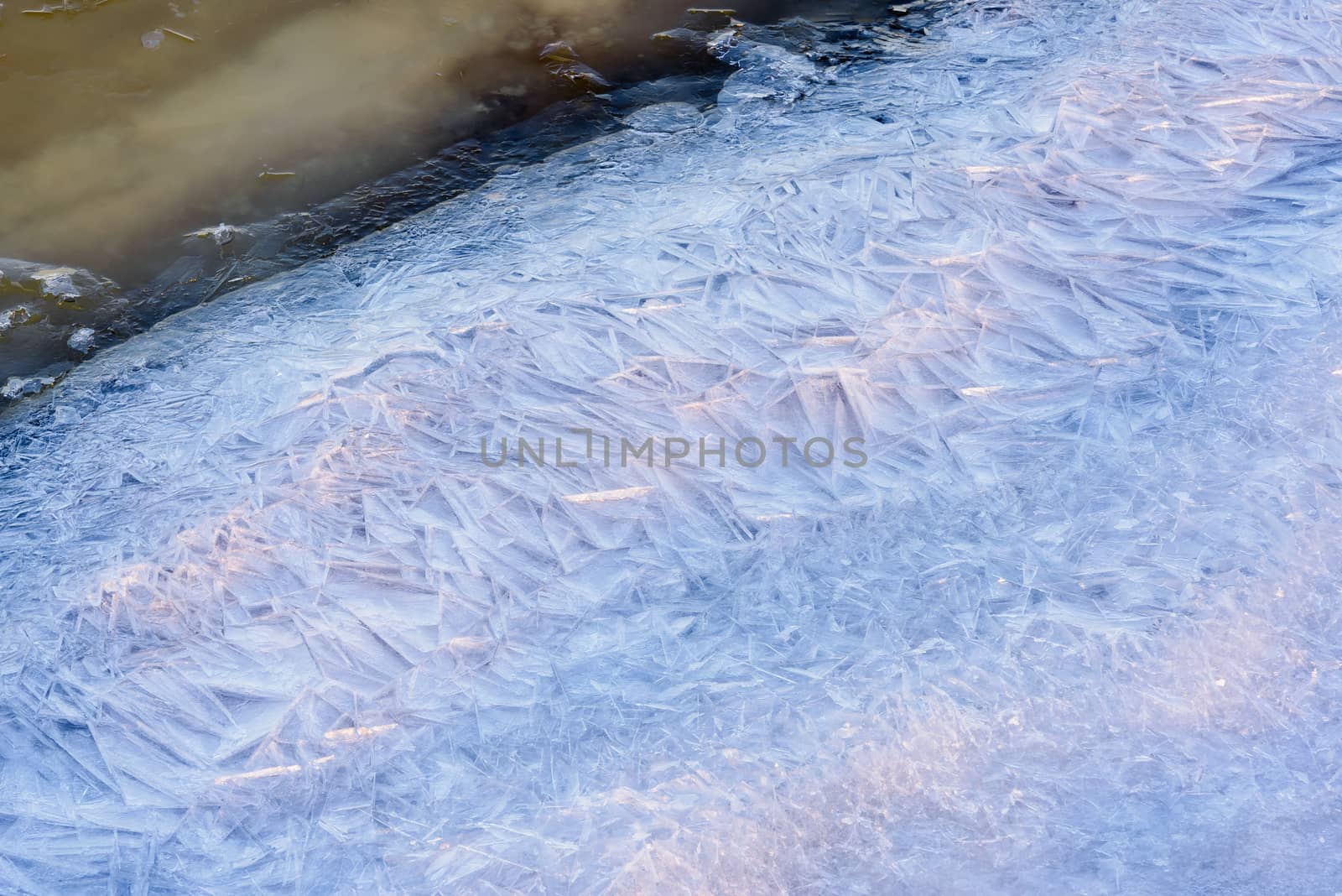 Frozen ice texture on the Dnieper river in Kiev, Ukraine, during winter