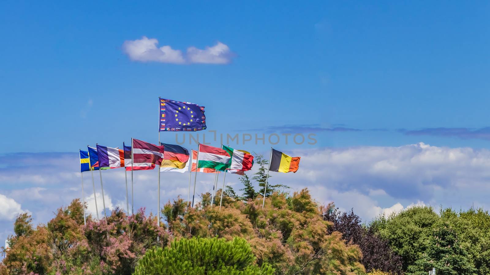 group of european flags floating in the air in france