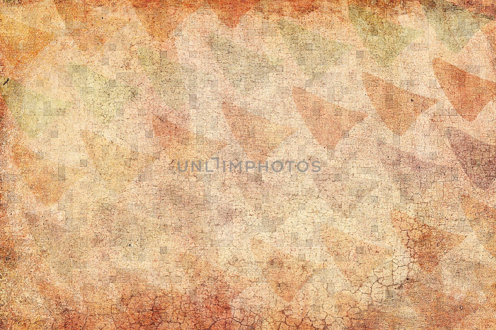 Abstract sixties decoration background texture with triangles and craquelures. Colors orange, green, pink and yellow
