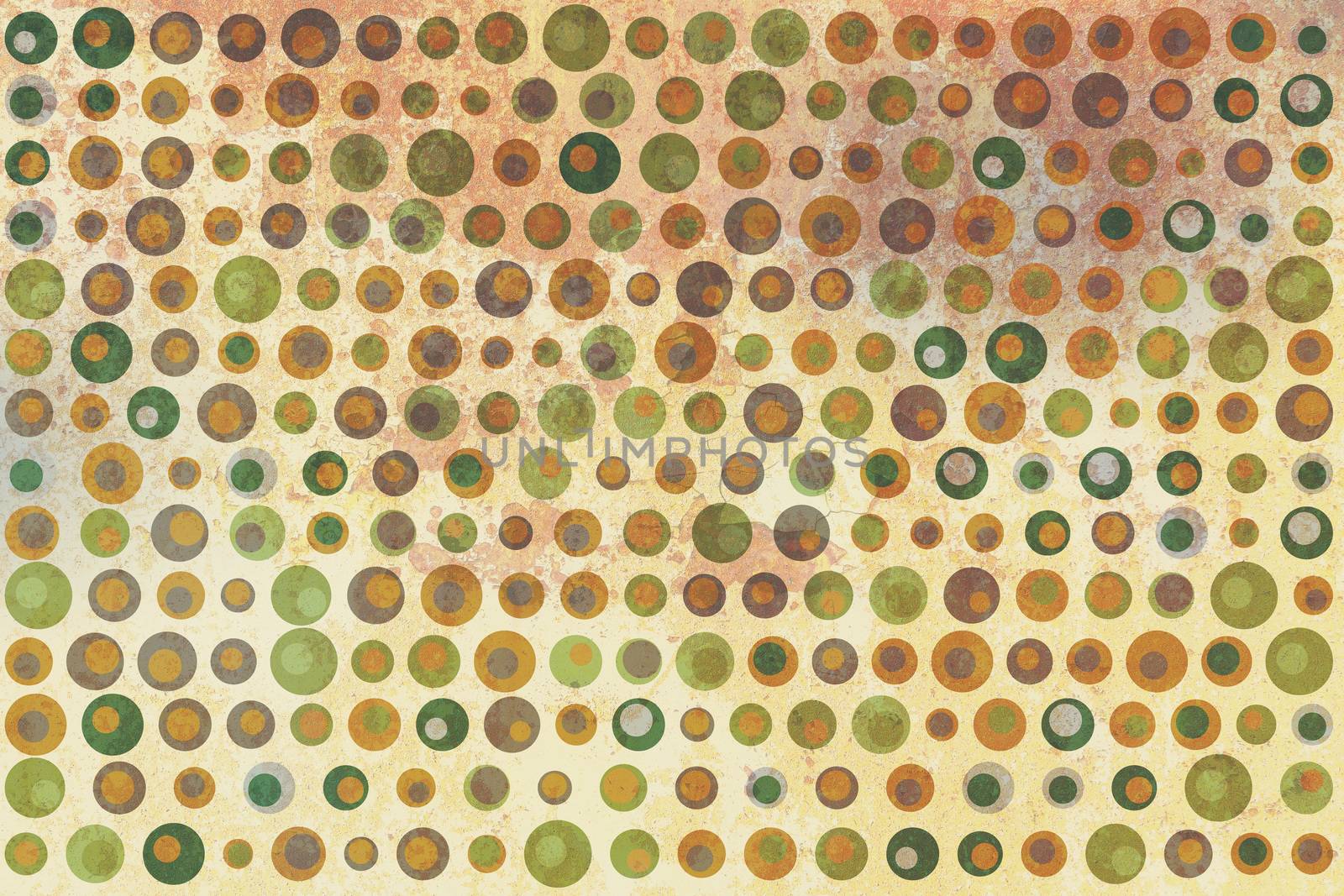 Texture background made of  green, brown and gray dots, or circles, on beige and yellow