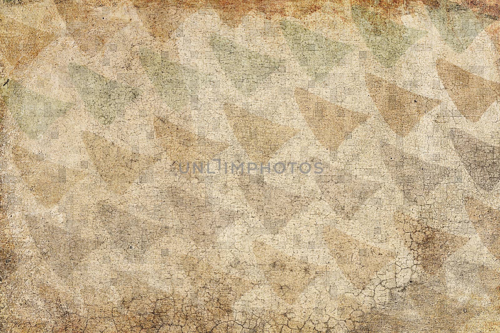Abstract sixties decoration background texture with triangles and craquelures. Colors beige, green and yellow