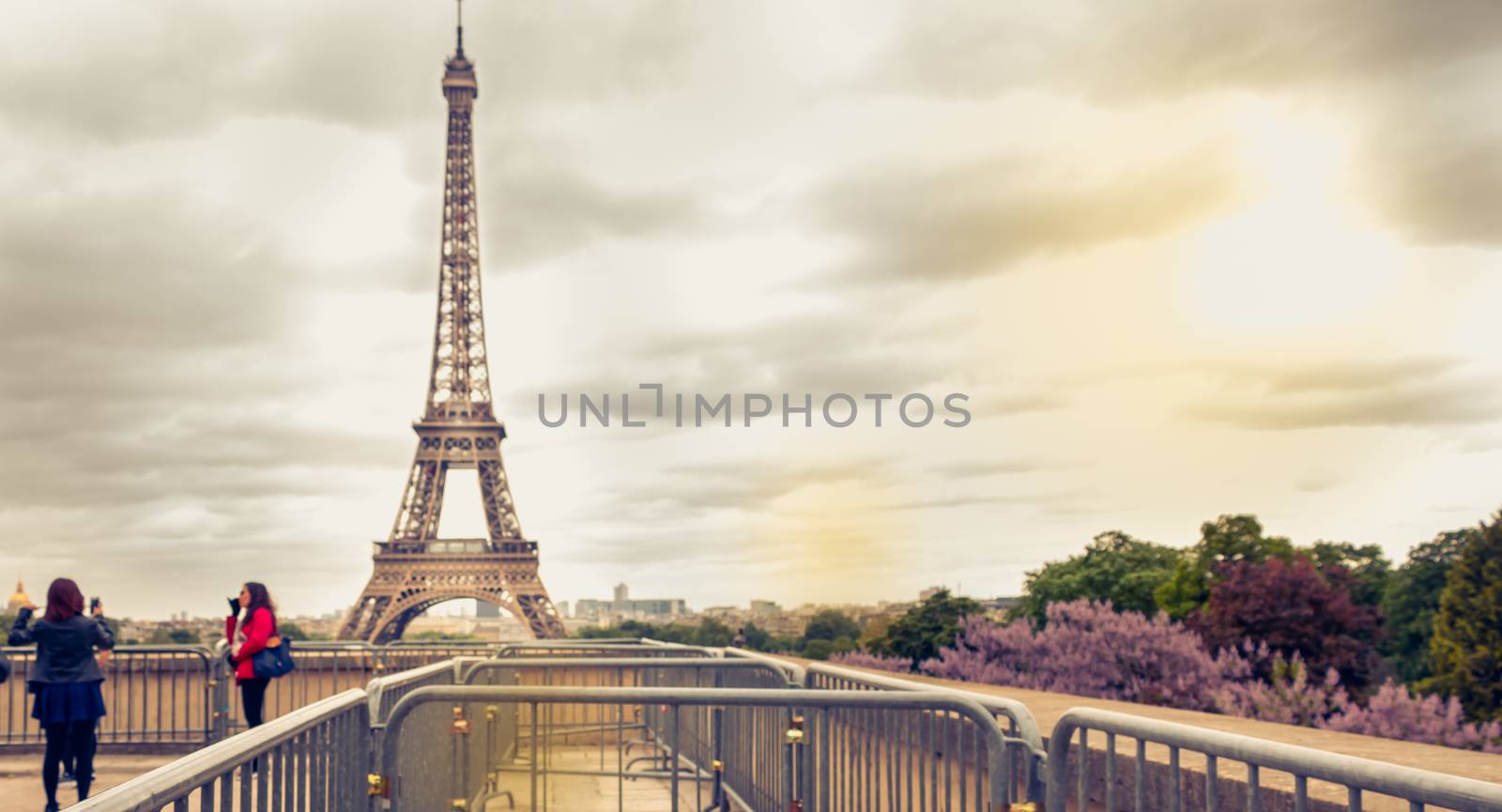 PARIS, FRANCE - May 08, 2017 : tourists are taking pictures in front of the Eiffel Tower on a spring day