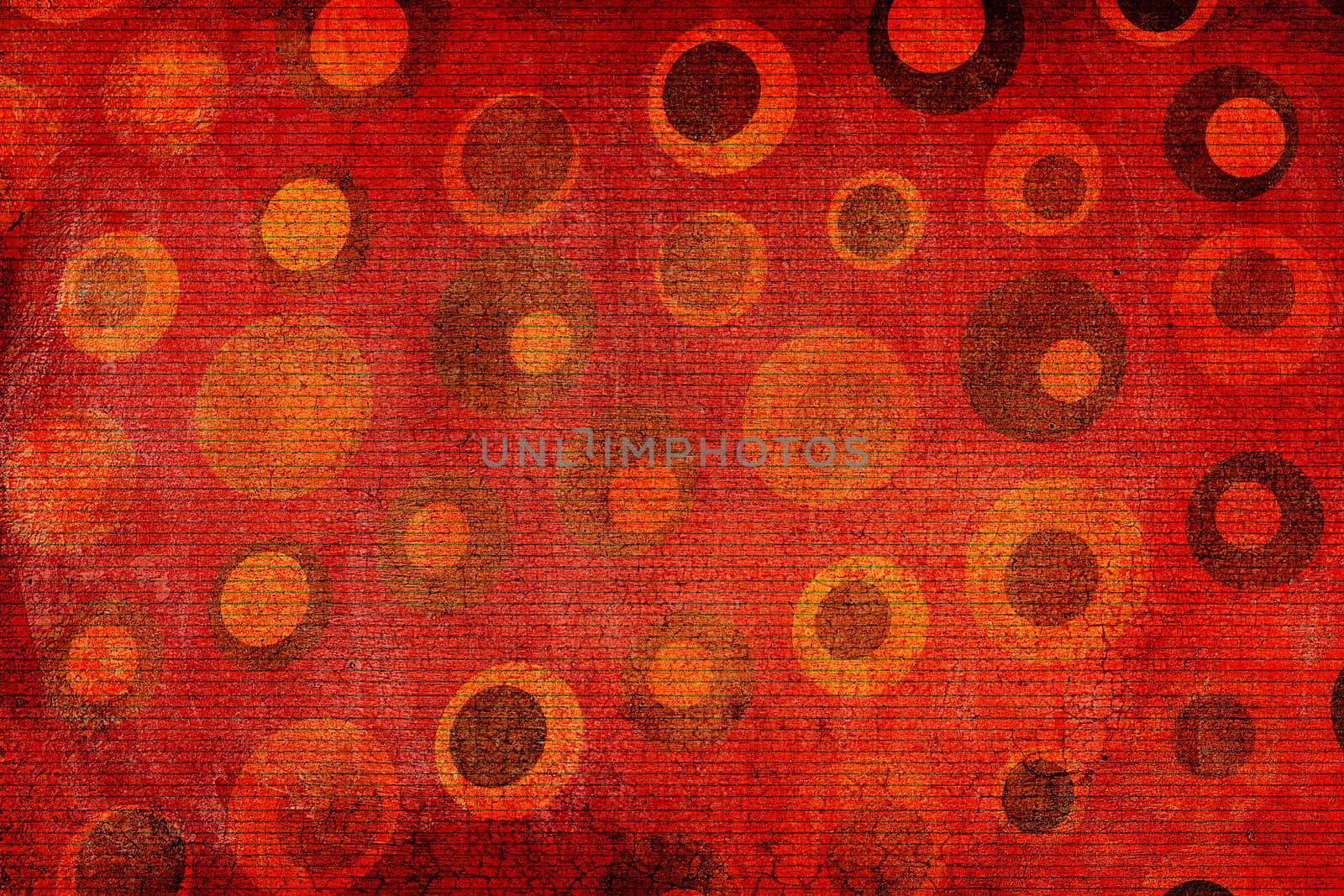 Dark texture background made of  red, orange and brown dots, or circles, with horizontal lines