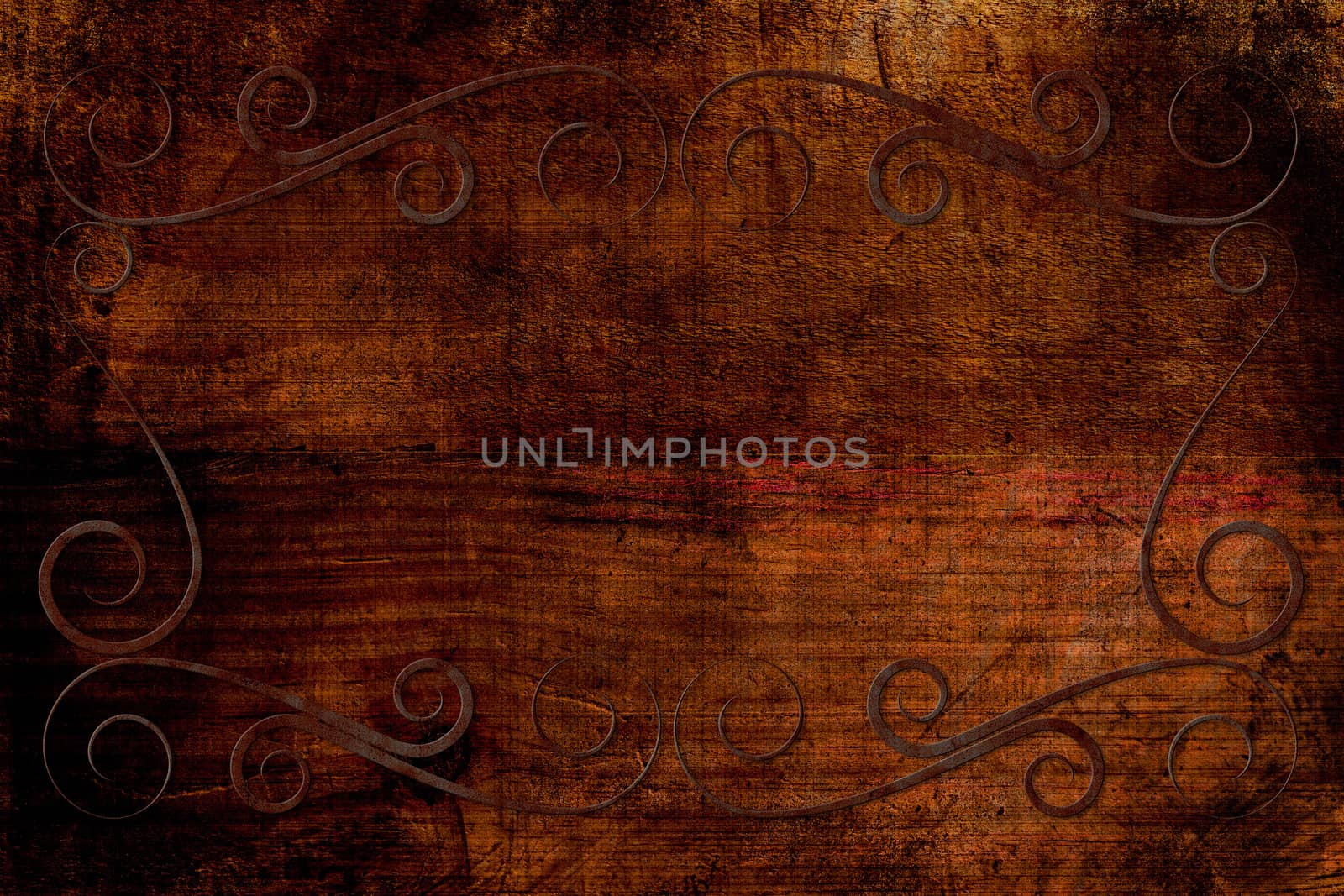 An antique decorative frame with a background with a wooden texture. Colors orange, rust and brown