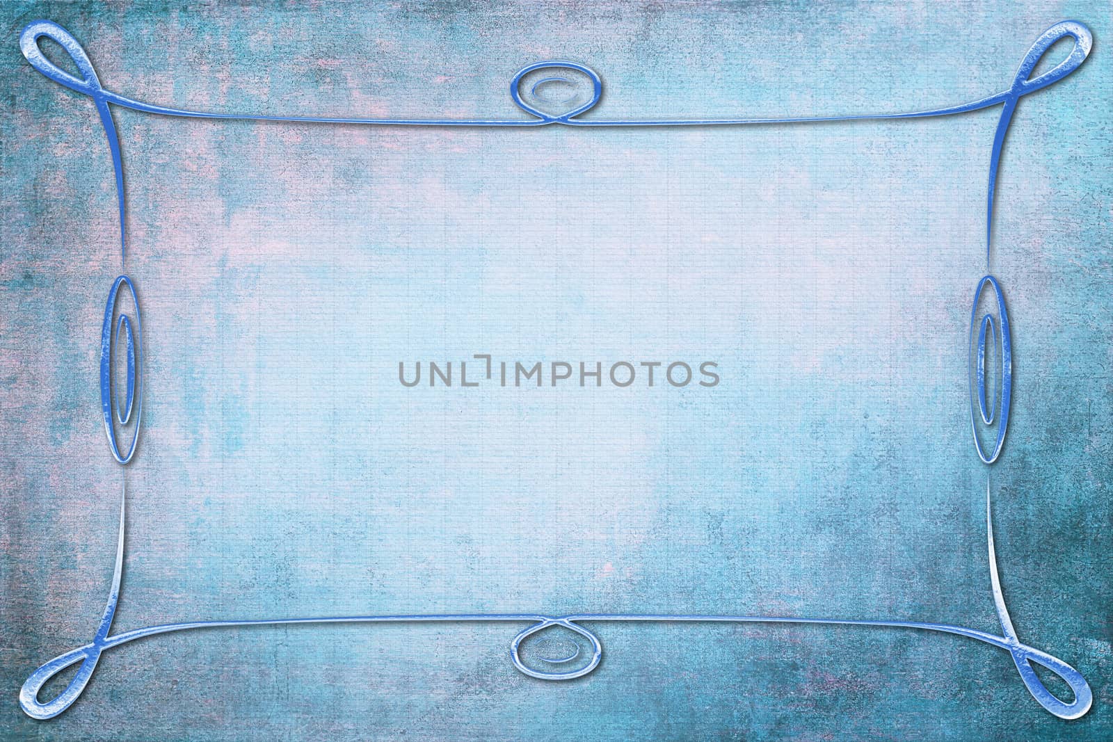 An antique decorative blue glass frame with a background with texture. Blue and pink colors