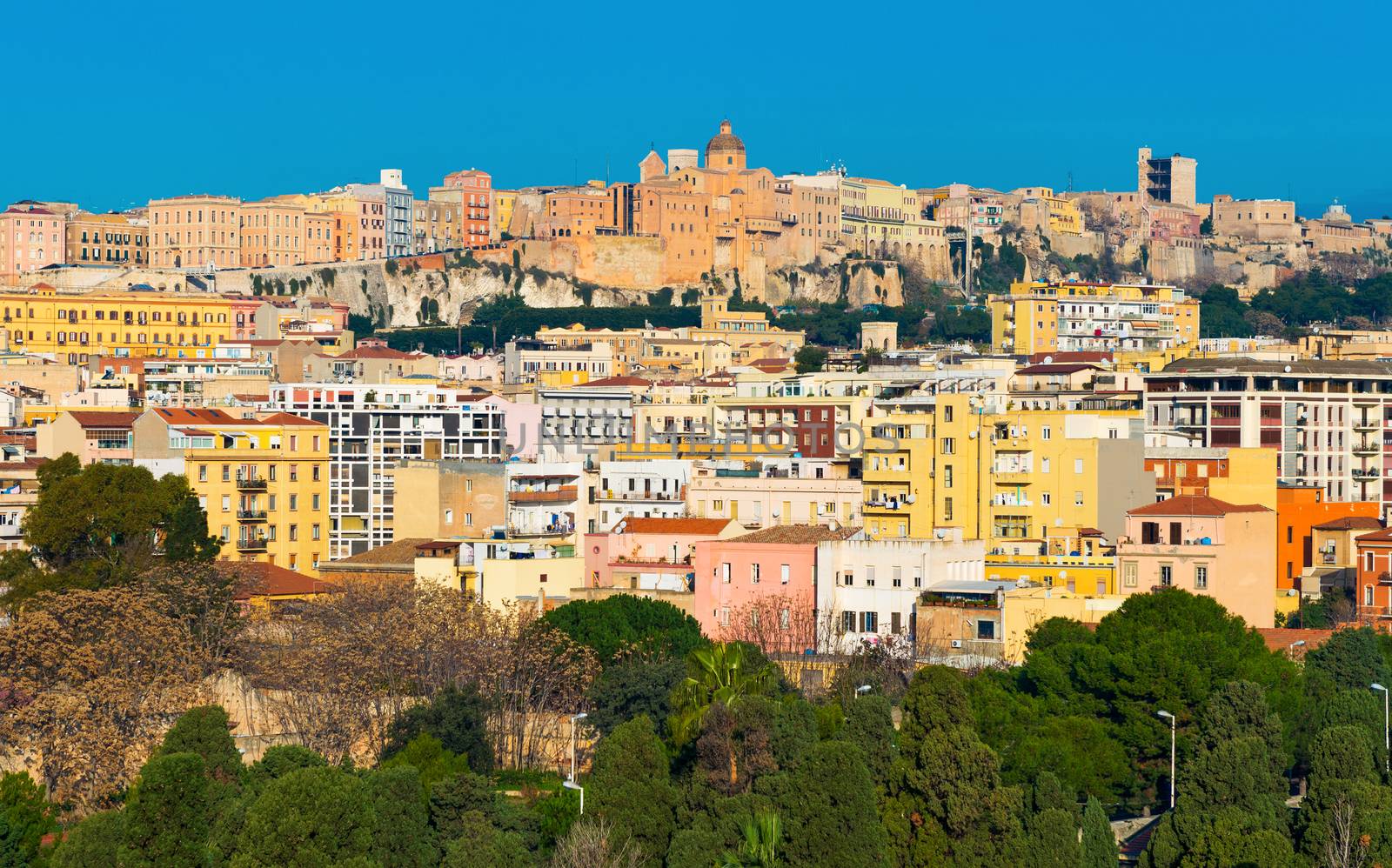 Cityscape with varicolored houses of historic center the city of Cagliari, Sardinia island, Italy
