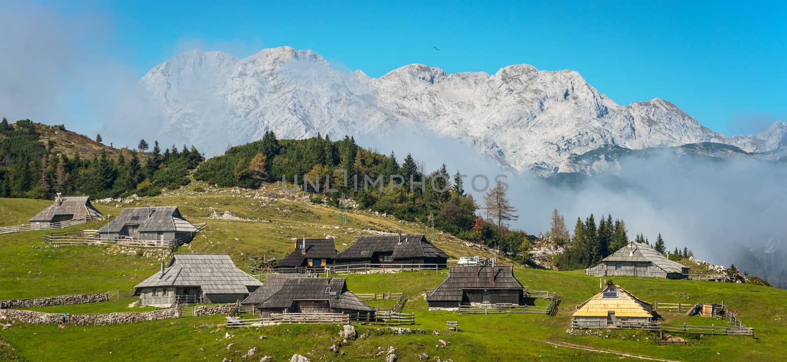 Mountain village in Alps, wooden houses in traditional style, Velika Planina, Kamnik, Slovenia