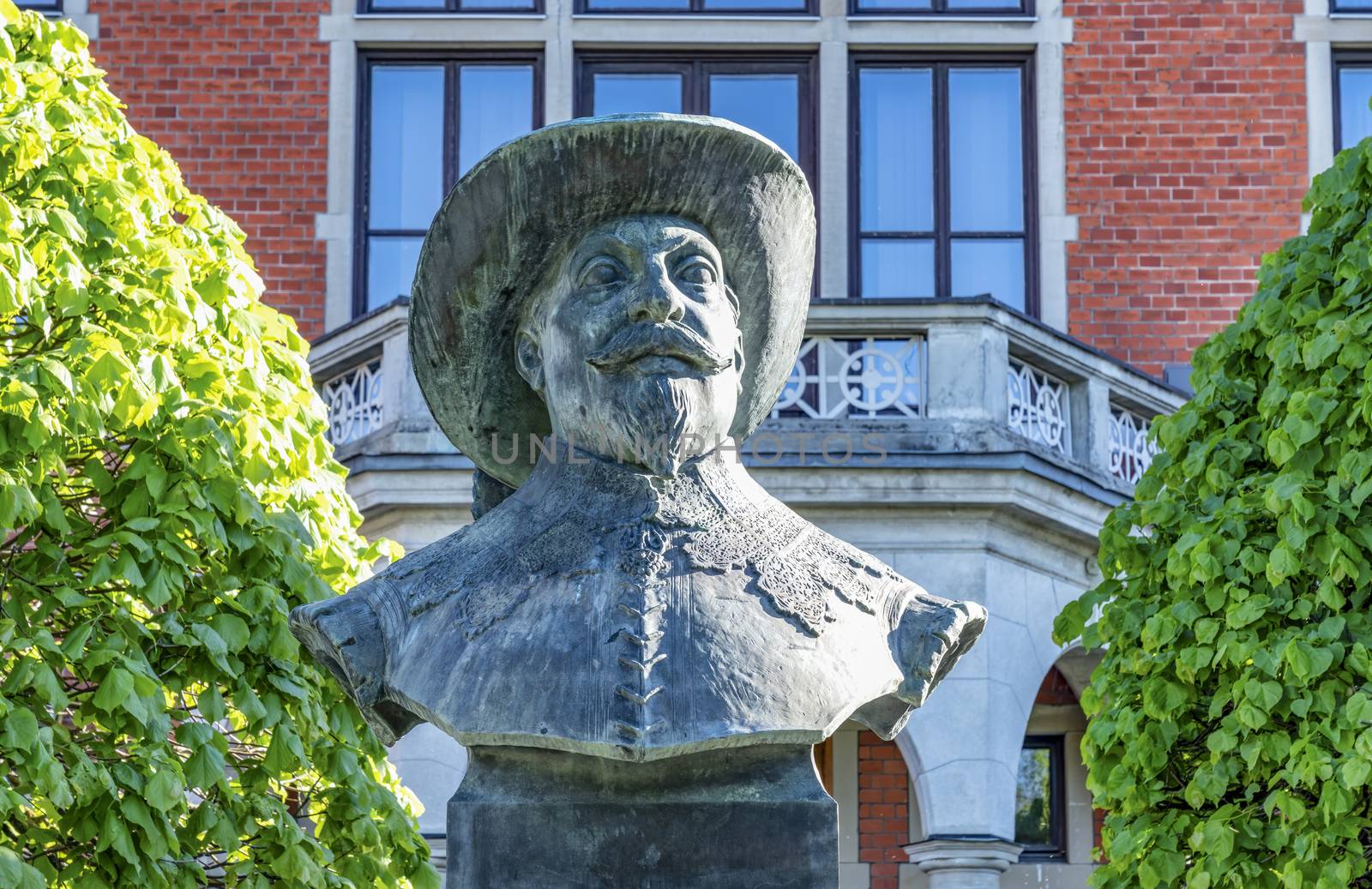 UMEA, SWEDEN - JUNE 10, 2020: A bust of Umea's founder, Gustav II Adolf, made of bronze. Placed in front of Town Hall, Vasterbotten, front view by skydreamliner