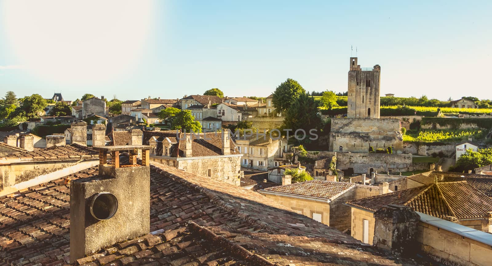 SAINT EMILION near BORDEAUX, FRANCE - May 25, 2017 : aerial view of the city whose specialty is fine wine production on a spring day