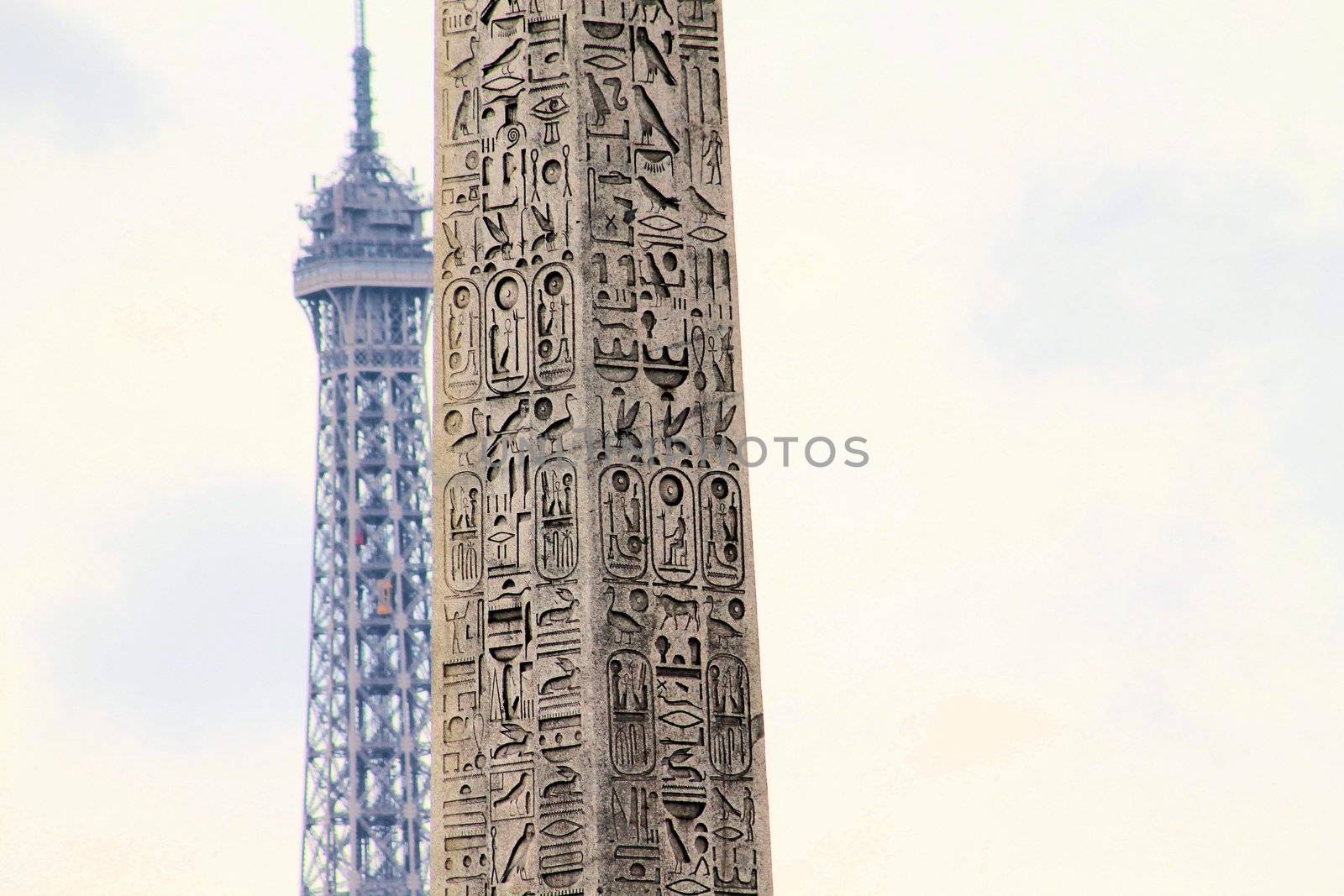 View of the Luxor Ancient Egyptian Obelisk at the centre of the Place de la Concorde in Paris, France. It was originally located at the entrance to Luxor Temple, in Egypt.