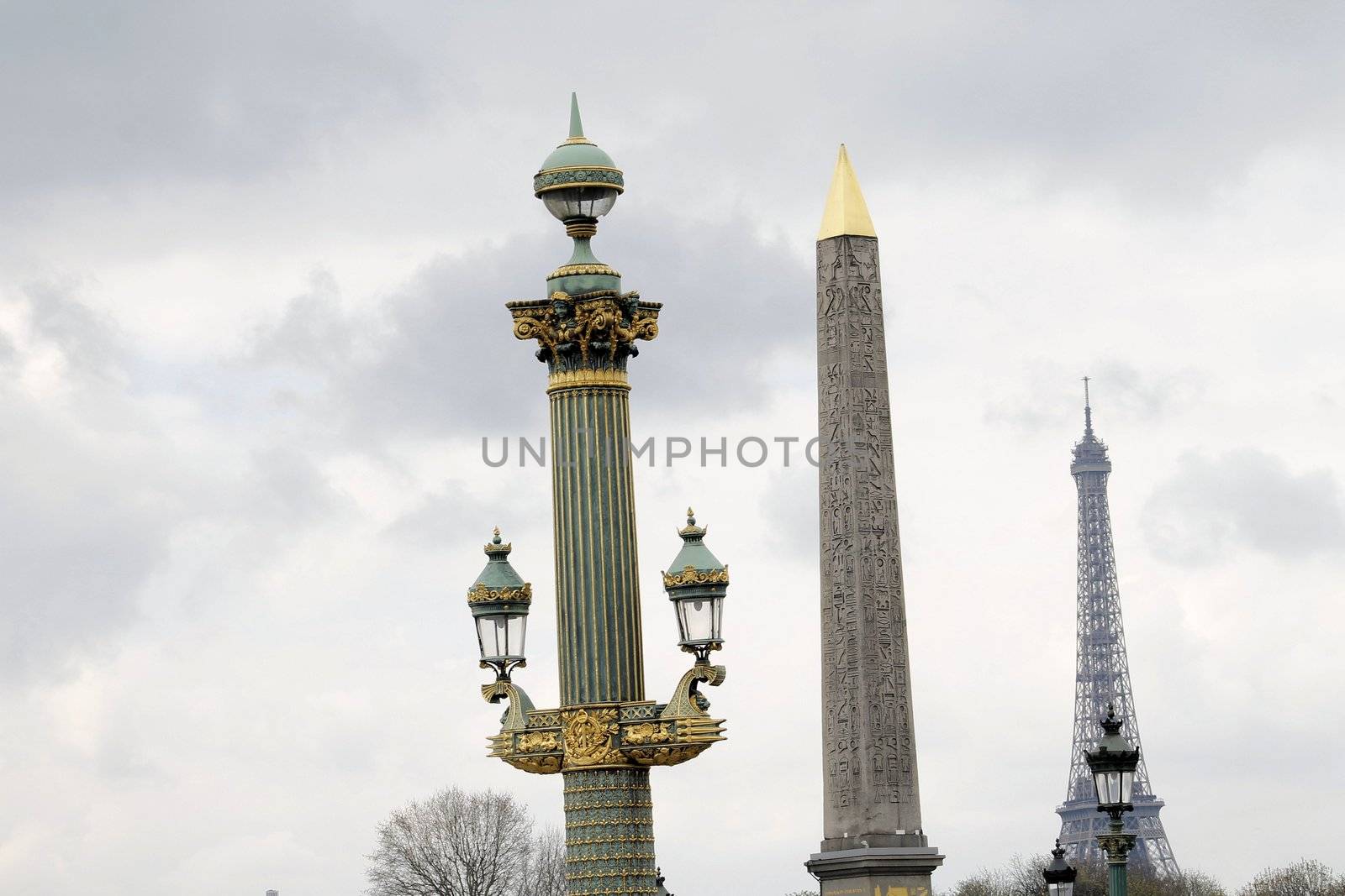 View of the Luxor Ancient Egyptian Obelisk at the centre of the Place de la Concorde in Paris, France. It was originally located at the entrance to Luxor Temple, in Egypt.