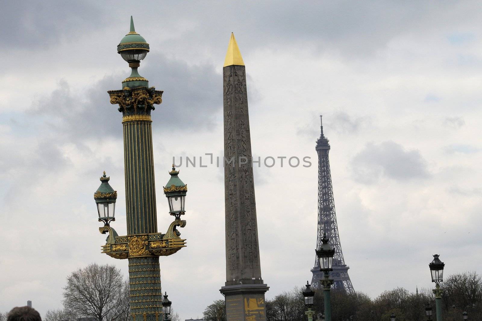 View of the Luxor Ancient Egyptian Obelisk at the centre of the Place de la Concorde in Paris, France. It was originally located at the entrance to Luxor Temple, in Egypt.