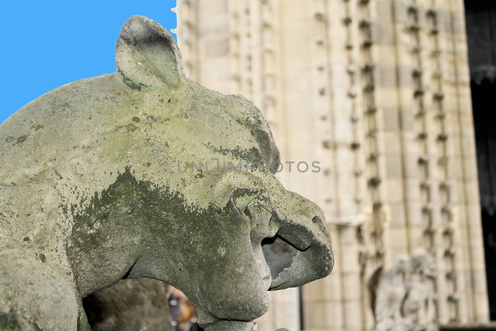Gargoyle or chimera on the Cathedral of Notre Dame de Paris looks at the Eiffel Tower, Paris, France. Gargoyles are the Gothic landmarks in Paris. Vintage skyline of Paris with an old demon statue.
