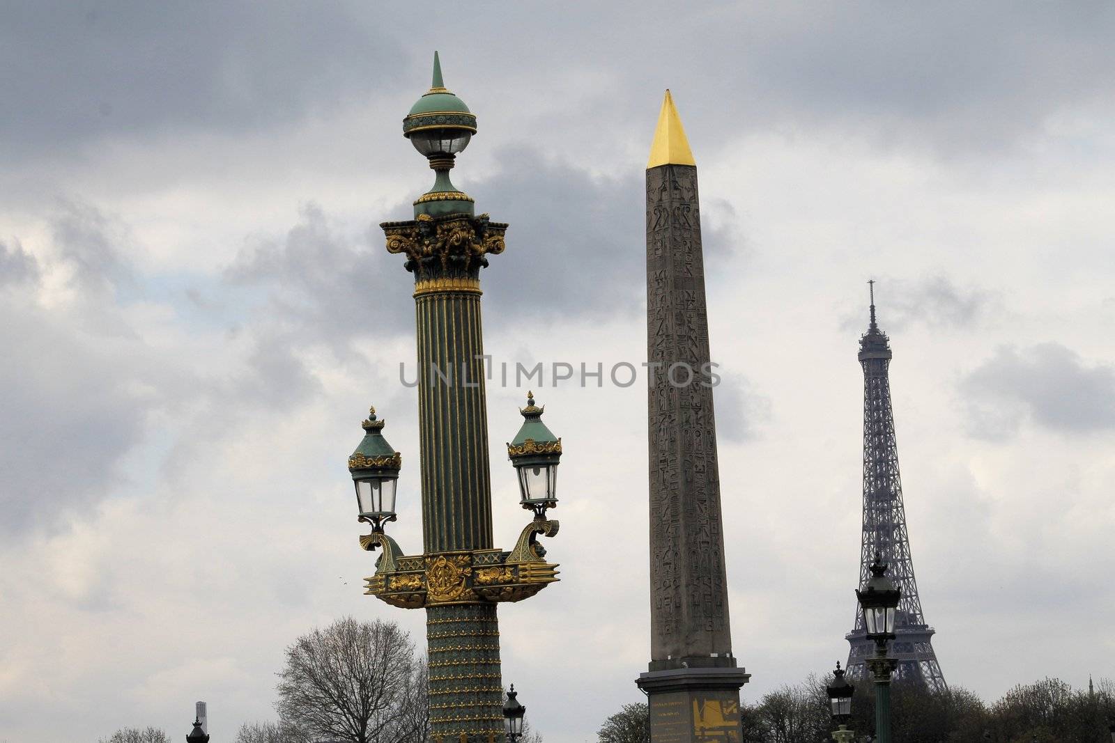 View of the Luxor Ancient Egyptian Obelisk at the centre of the Place de la Concorde in Paris, France. It was originally located at the entrance to Luxor Temple, in Egypt.