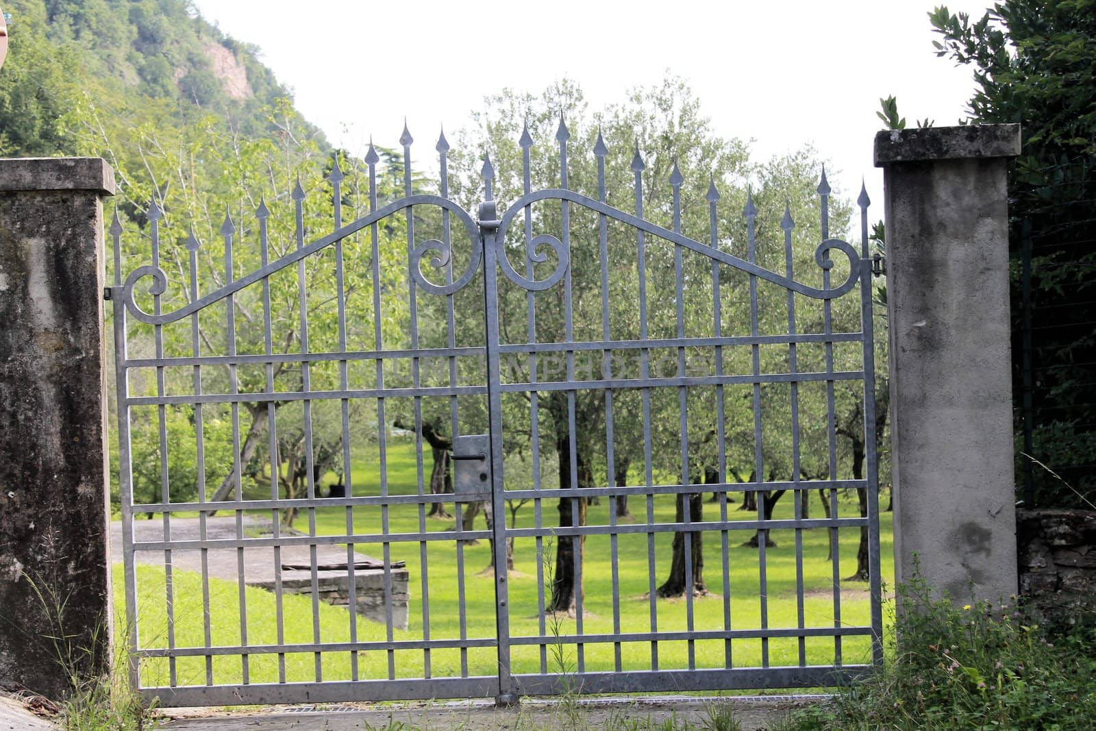 panorama of green hills with pastures and spring trees in Brescia, Italy seen from a half-open iron gate