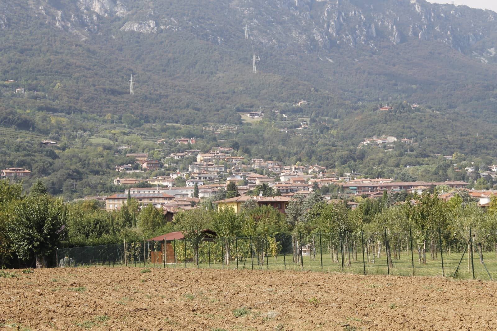 Agricultural landscape with town of Botticino in Italy