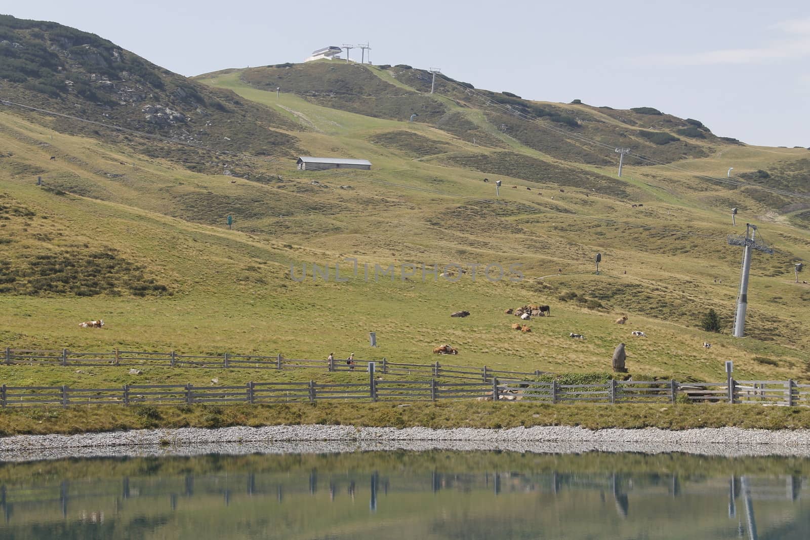 Scenic view to small alpine lake and big mountains with glacier in sunlight. Awesome green landscape with blue mountain lake among mosses in green highland valley in sunny day. Wonderful scenery.