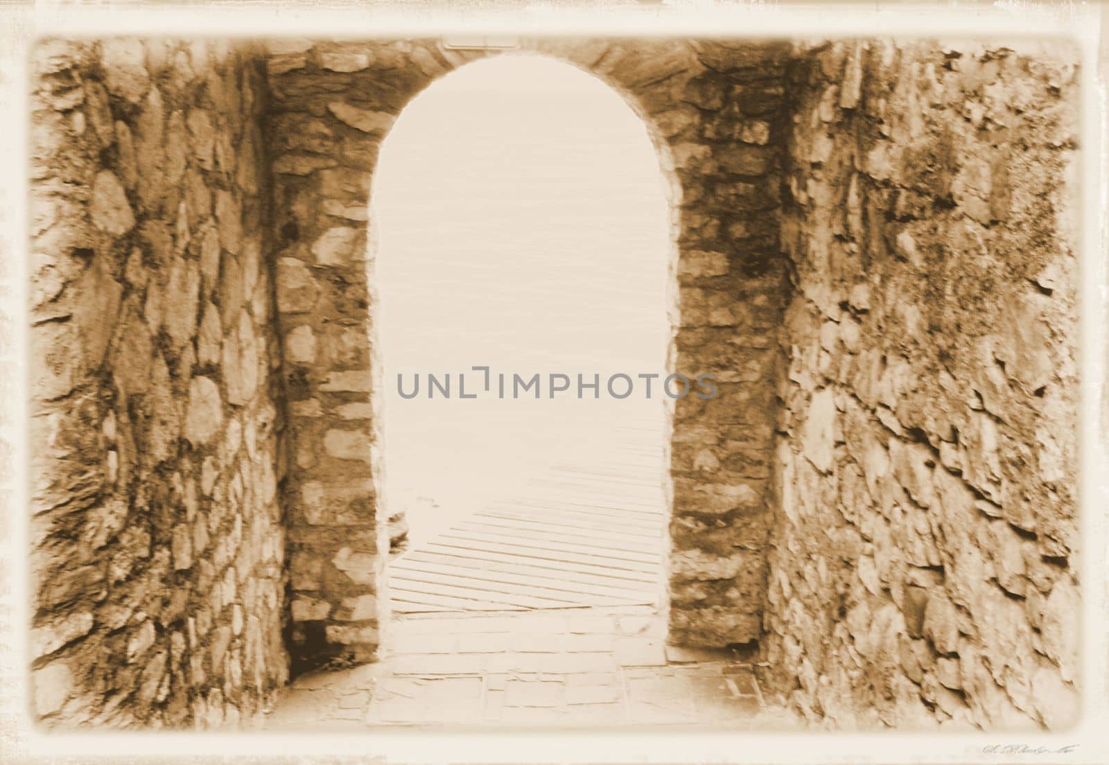 ancient stone gate on the lake in Italy