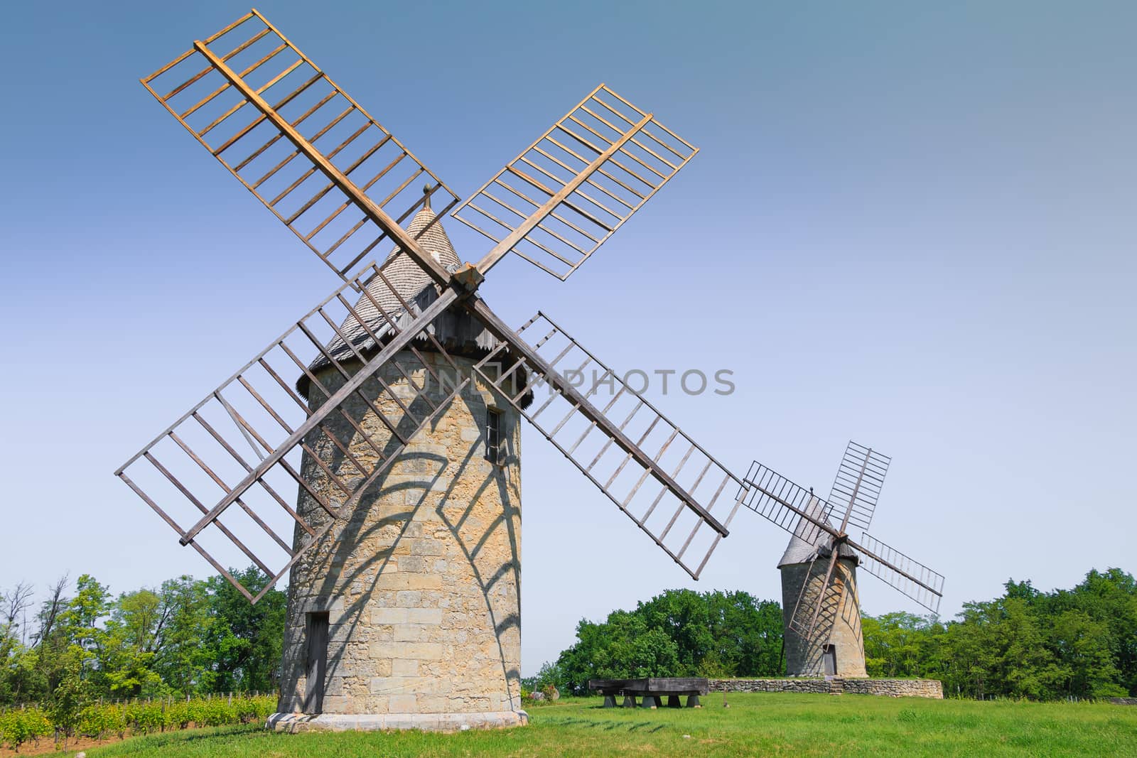 architectural details of the Moulins de Calon during the spring, 5 windmills with canvas wings built in the 16th century