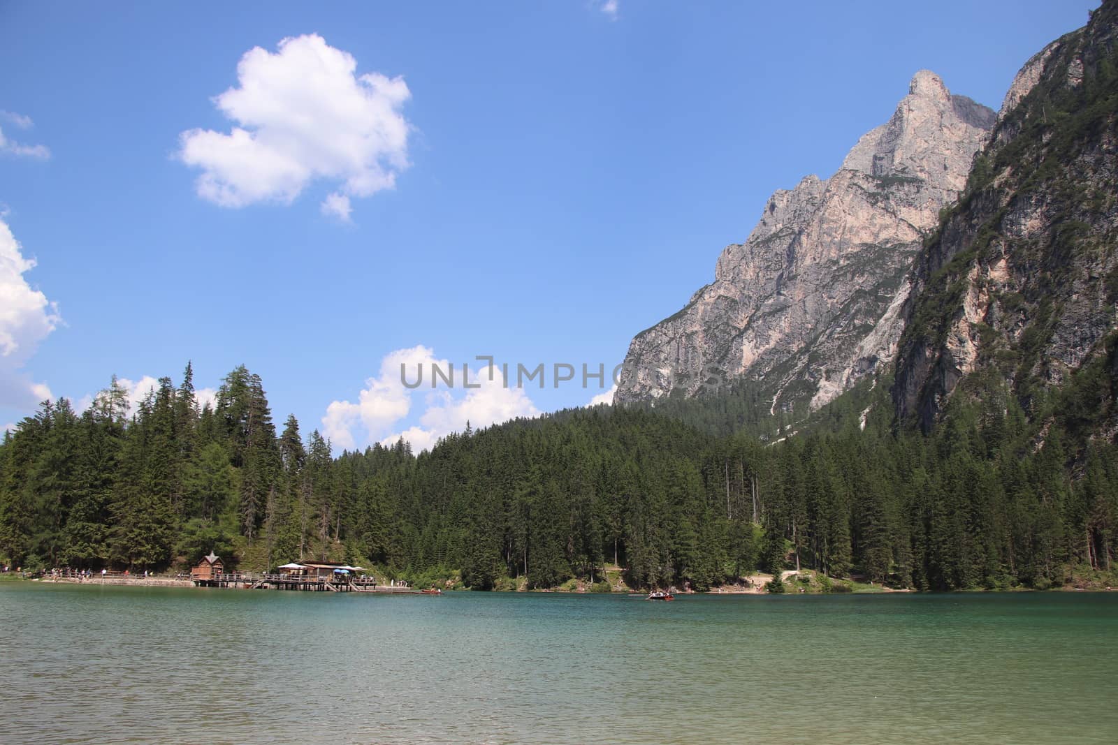 Braies lake turquoise water and Dolomites Alps view, South Tyrol region of Italy