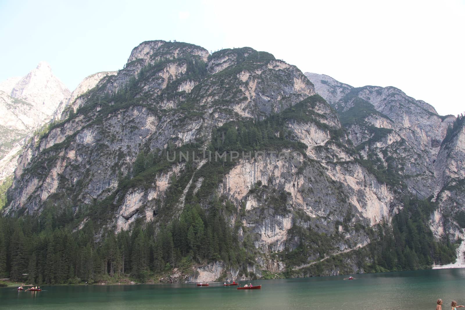 Braies lake turquoise water and Dolomites Alps view, South Tyrol region of Italy