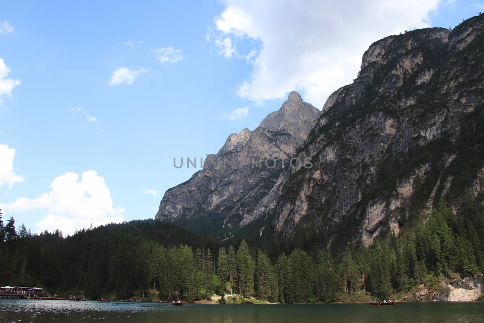 Braies lake turquoise water and Dolomites Alps view, South Tyrol region of Italy