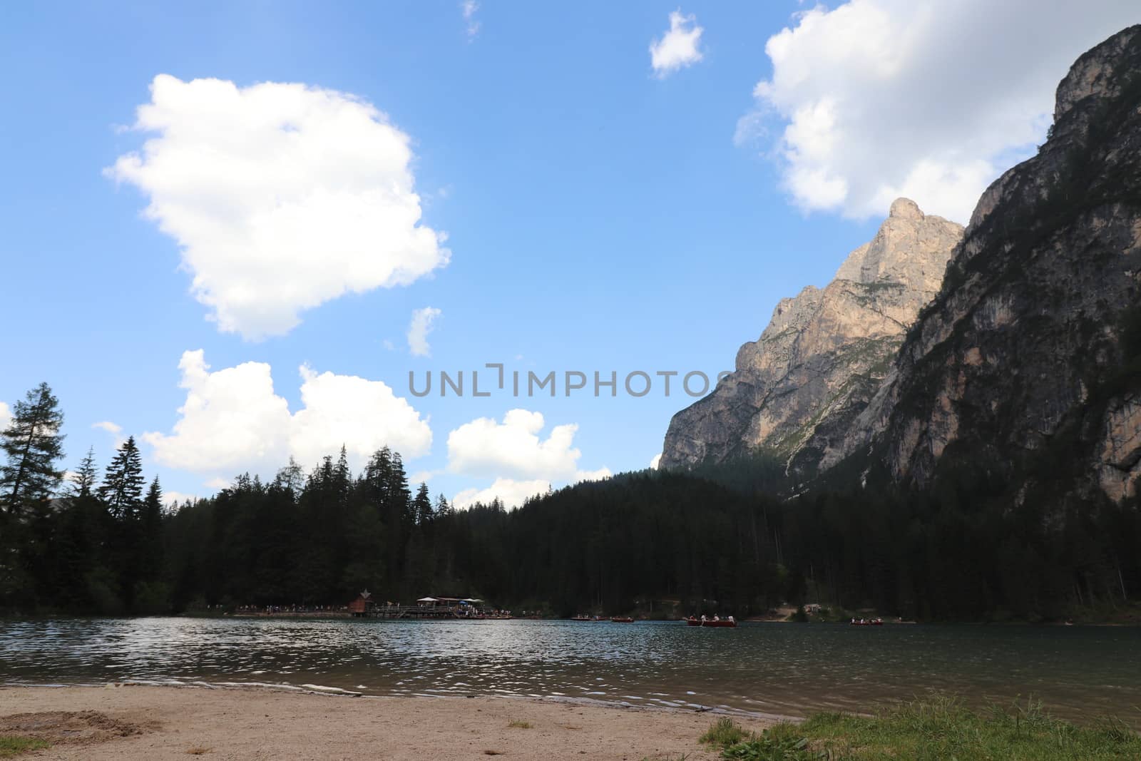 Braies lake at summer. Largest natural lake in Dolomites, South Tyrol, Italy, Europe. Beauty of nature background.