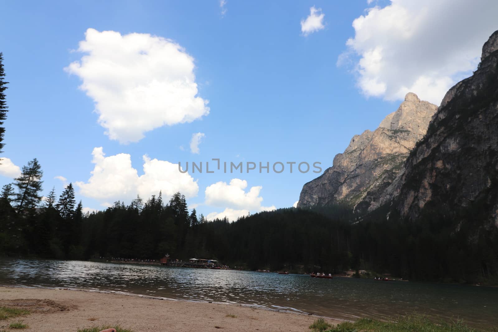 Braies lake at summer. Largest natural lake in Dolomites, South Tyrol, Italy, Europe. Beauty of nature background.