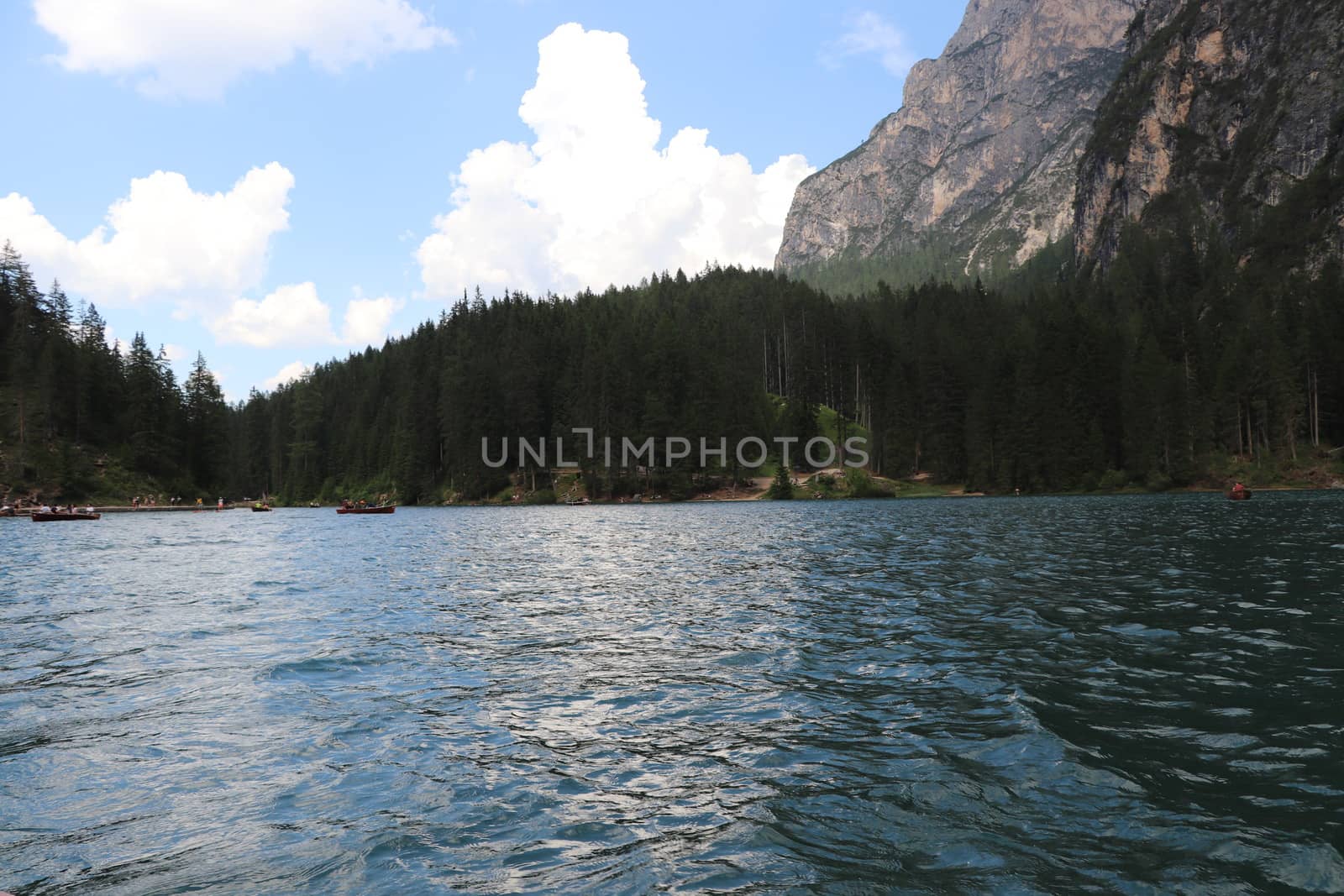 Braies lake at summer. Largest natural lake in Dolomites, South Tyrol, Italy, Europe. Beauty of nature background.