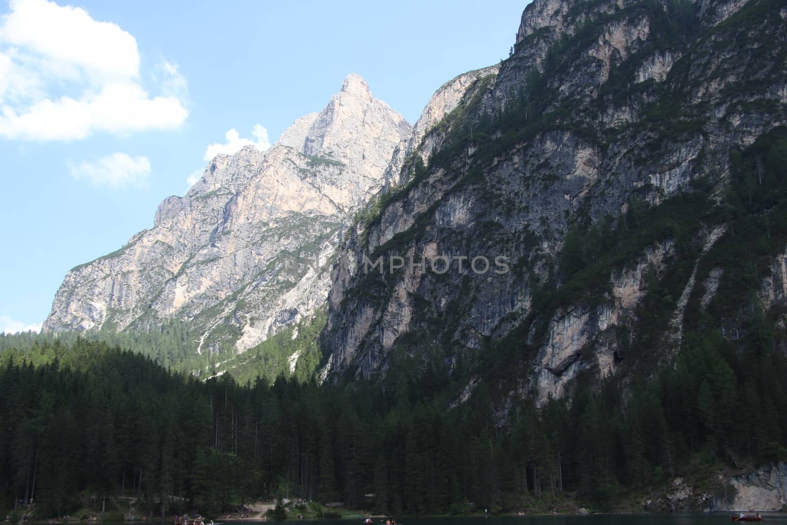 Braies lake turquoise water and Dolomites Alps view, South Tyrol region of Italy