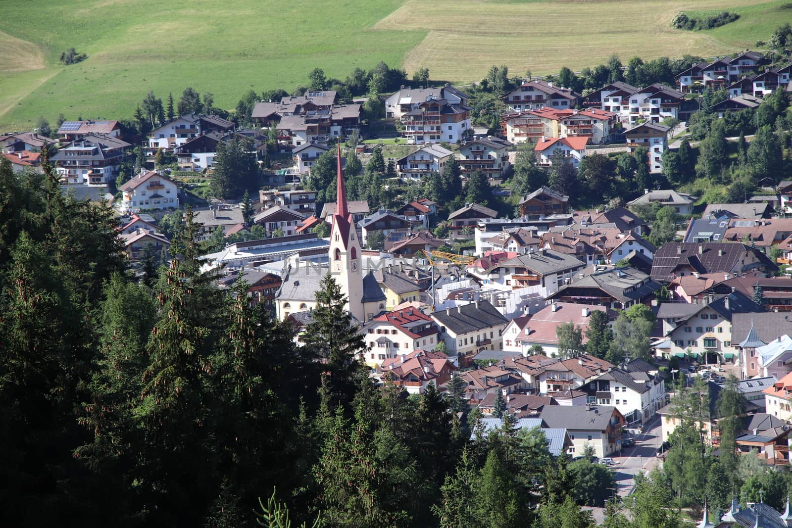 Aerial view of valley and small city