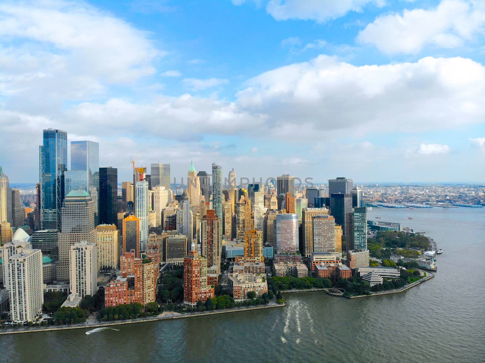 Aerial view of Manhattan skyline with Battery Park, New York, USA. by Bonandbon