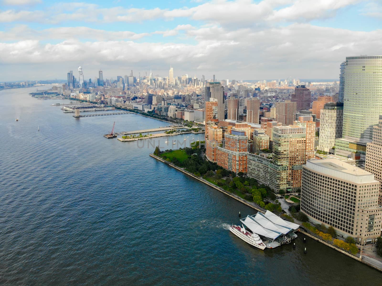 Aerial view of Manhattan skyline with Battery Park, New York, USA. Skyline with skyscrapers and financial district and Hudson river, New York, USA. February 13th, 2020 