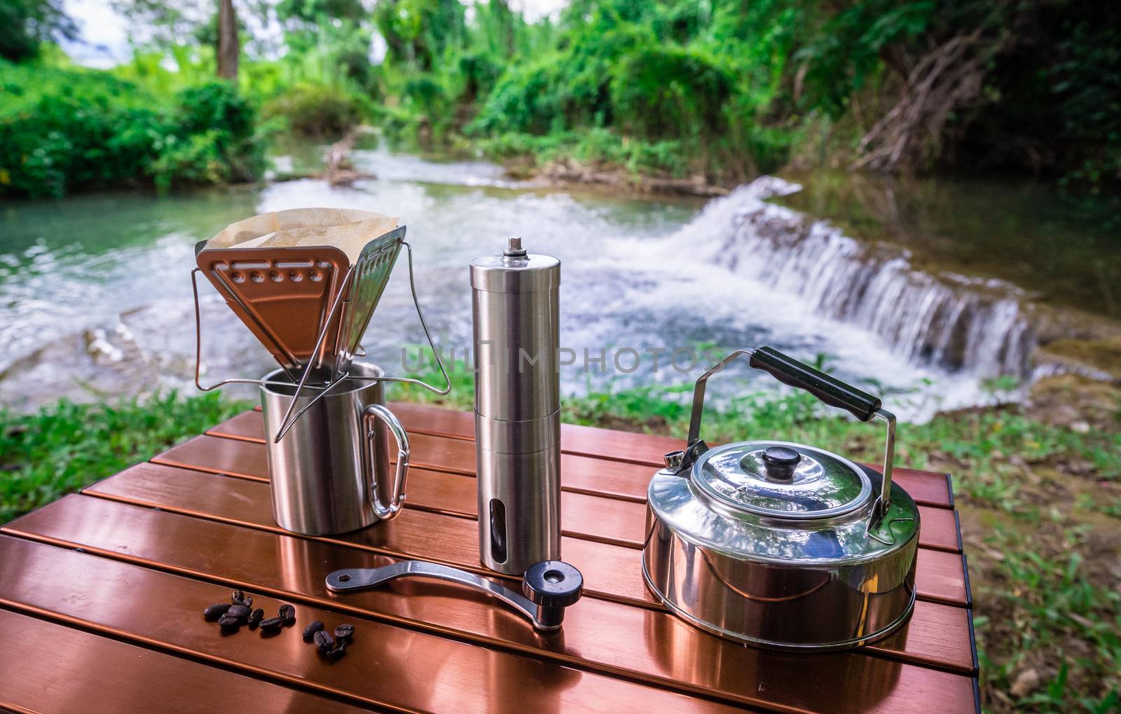 coffee drip while camping near the waterfall by domonite