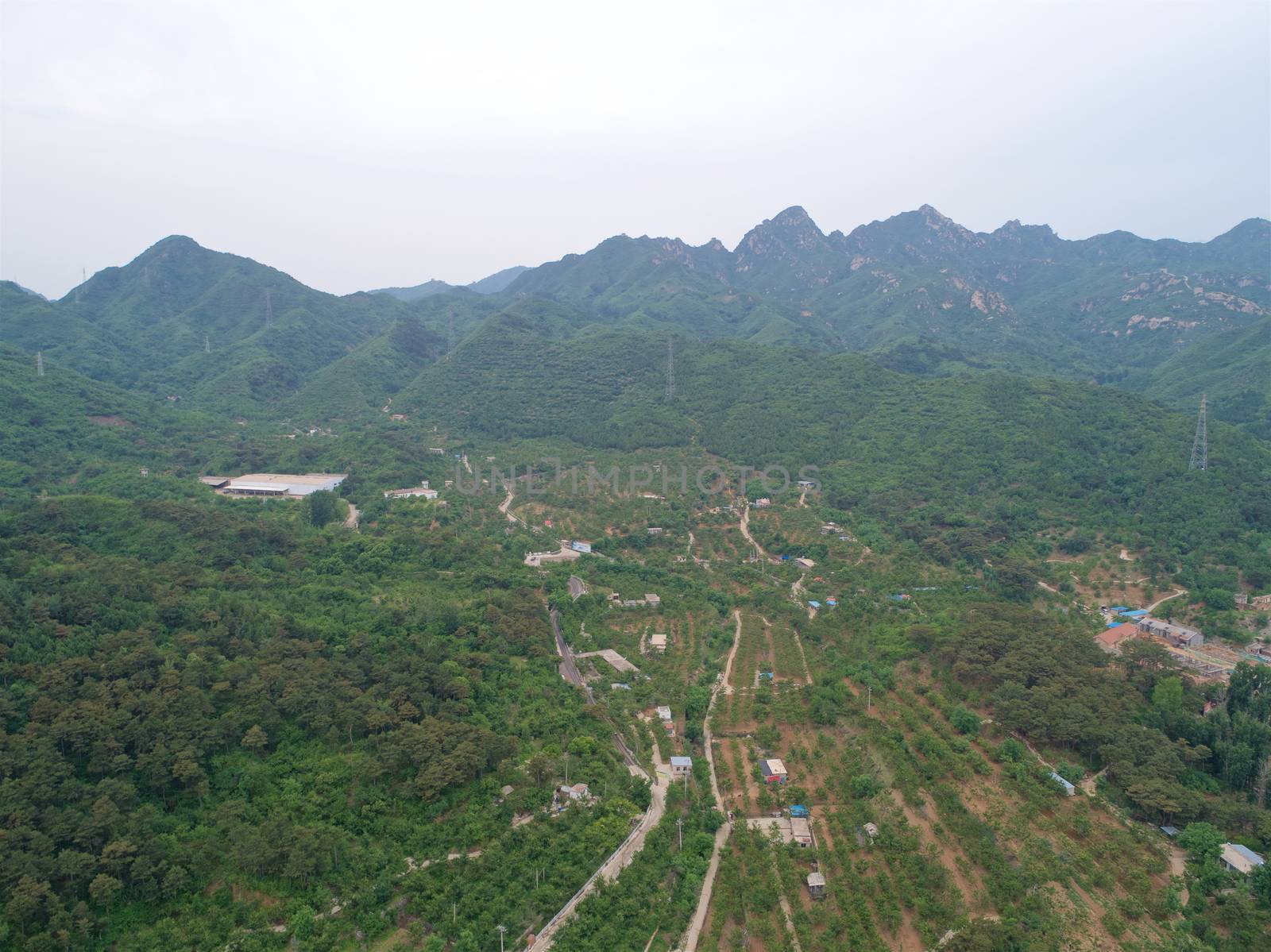 Aerial view of green Mountain in the region of Huaibei, China.