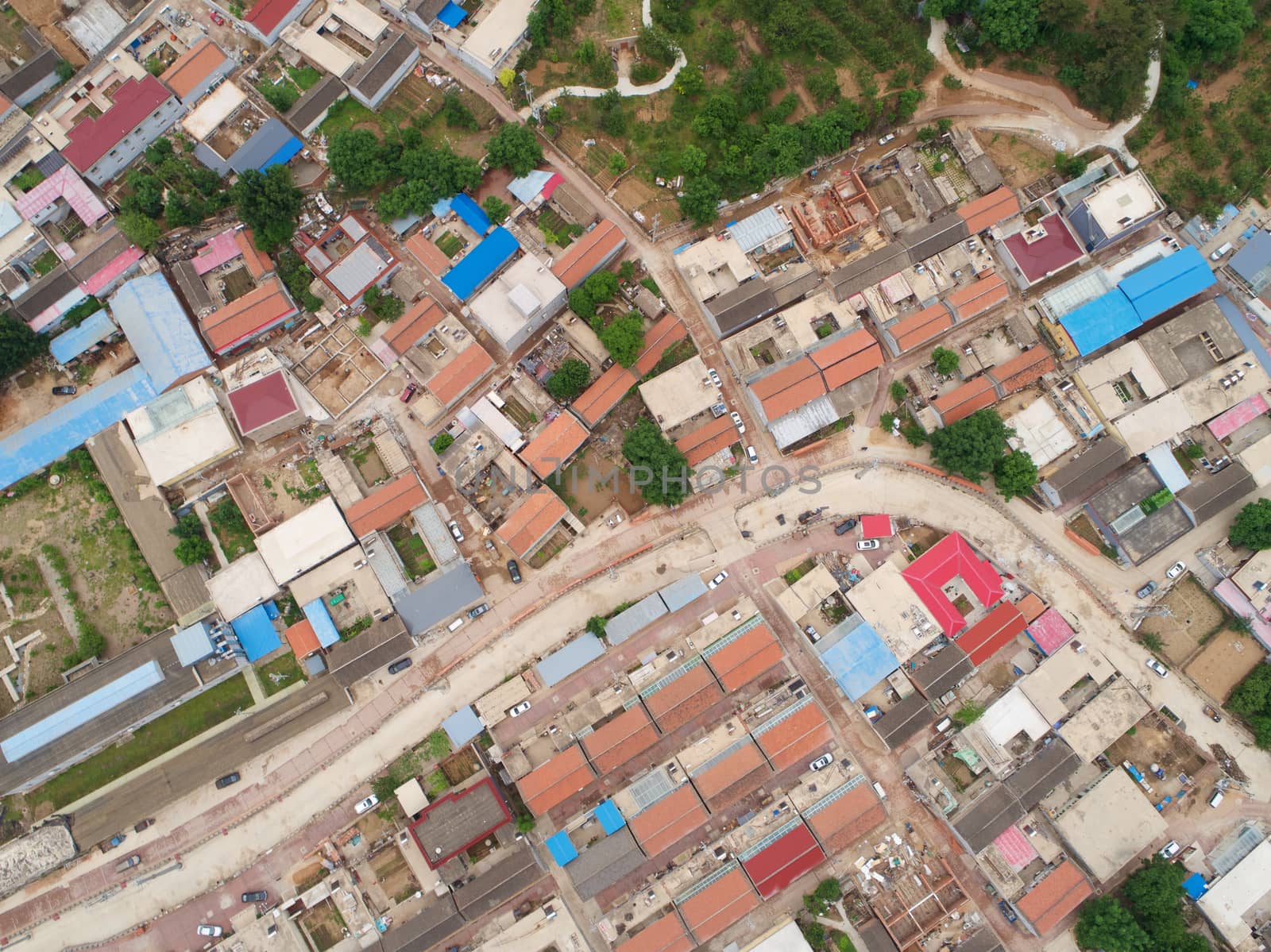 Aerial view top view of small village with little courtyard and farm style house, Huaibei, China by Bonandbon