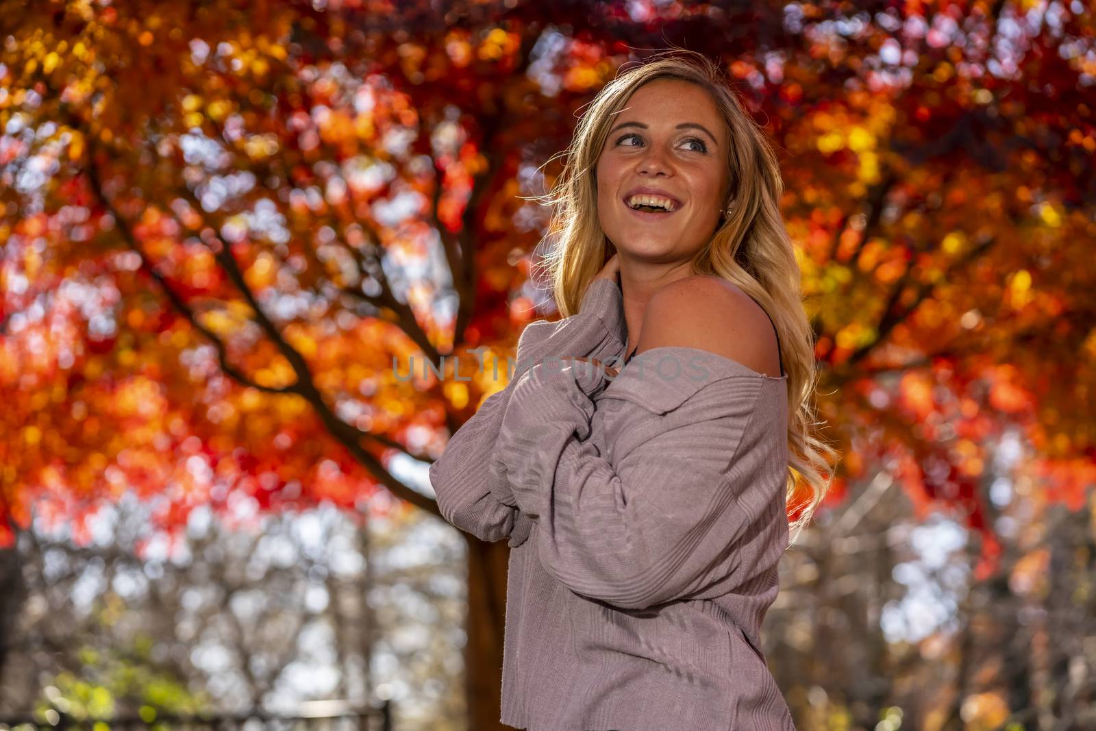 A gorgeous blonde model enjoys a Autumn day outdoors in a park