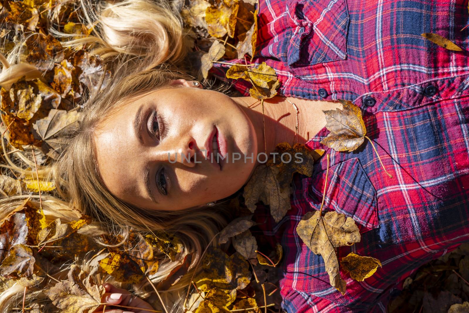 A gorgeous blonde model enjoys a Autumn day outdoors in a park