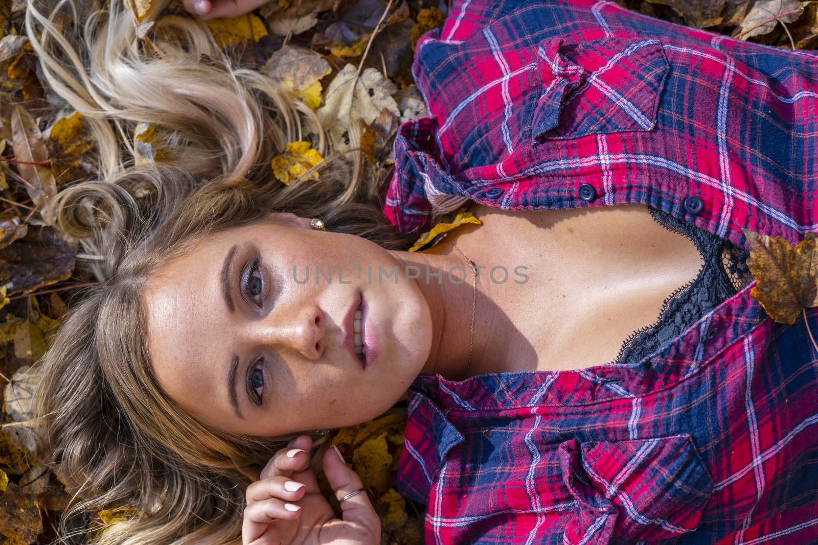 A gorgeous blonde model enjoys a Autumn day outdoors in a park