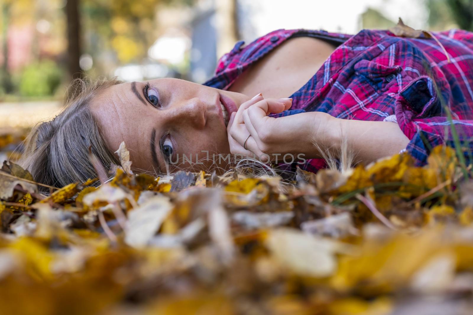 A gorgeous blonde model enjoys a Autumn day outdoors in a park