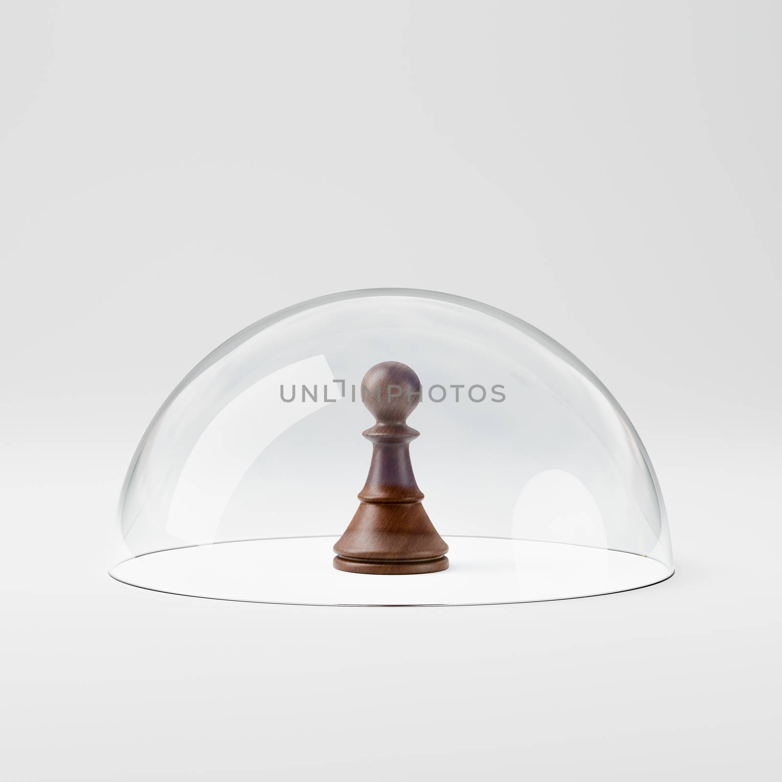 One Black Wooden Chessman Under a Glass Shield 3D Illustration, Personal Protection Concept