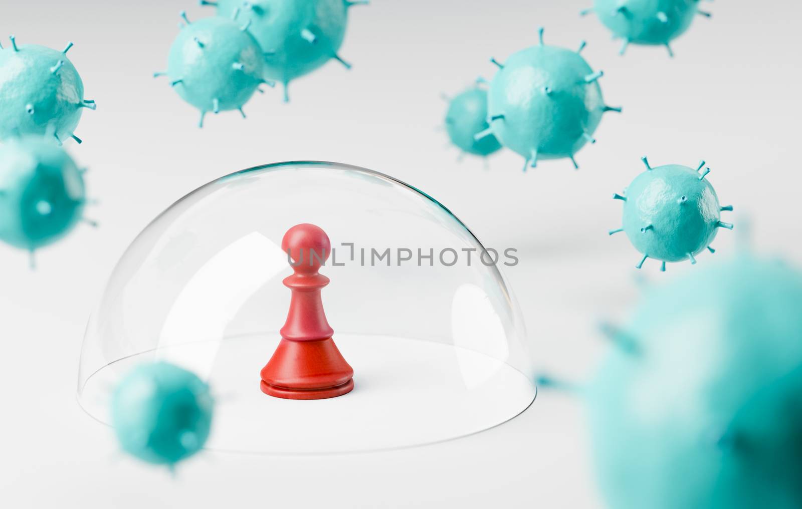 One Red Wooden Chessman Under a Glass Shield Shielded Against Virus 3D Illustration, Personal Protection Concept