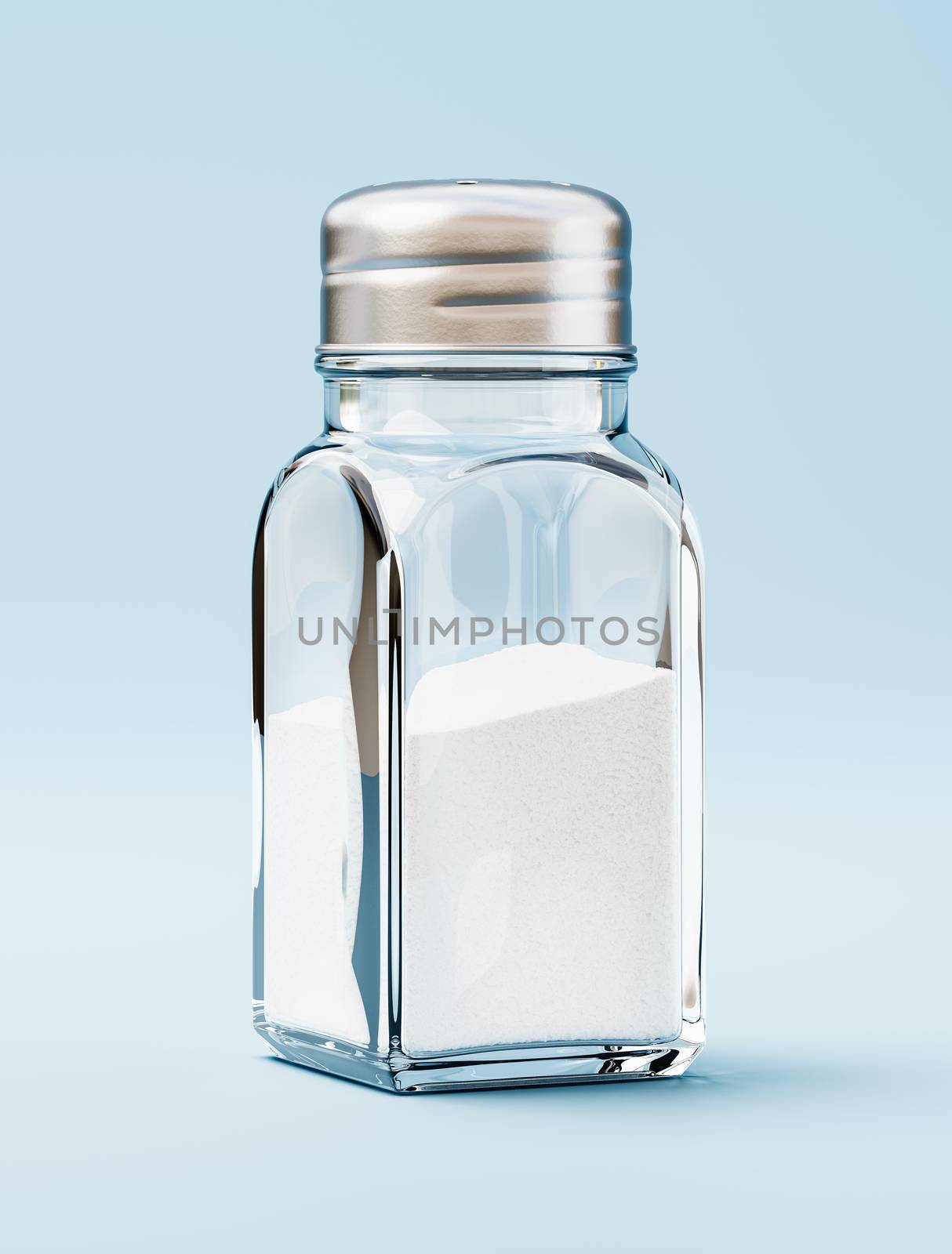 Salt in a Glassy Salt Shaker with Metallic Screw Cap on Blue Background 3D Illustration