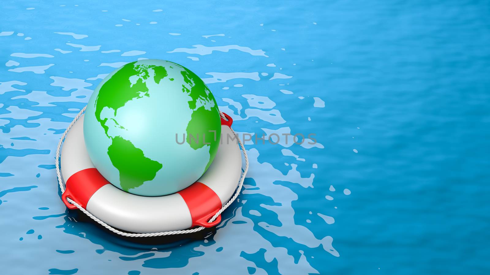 Earth Planet on a Lifebuoy in the Sea 3D Illustration with Copy Space