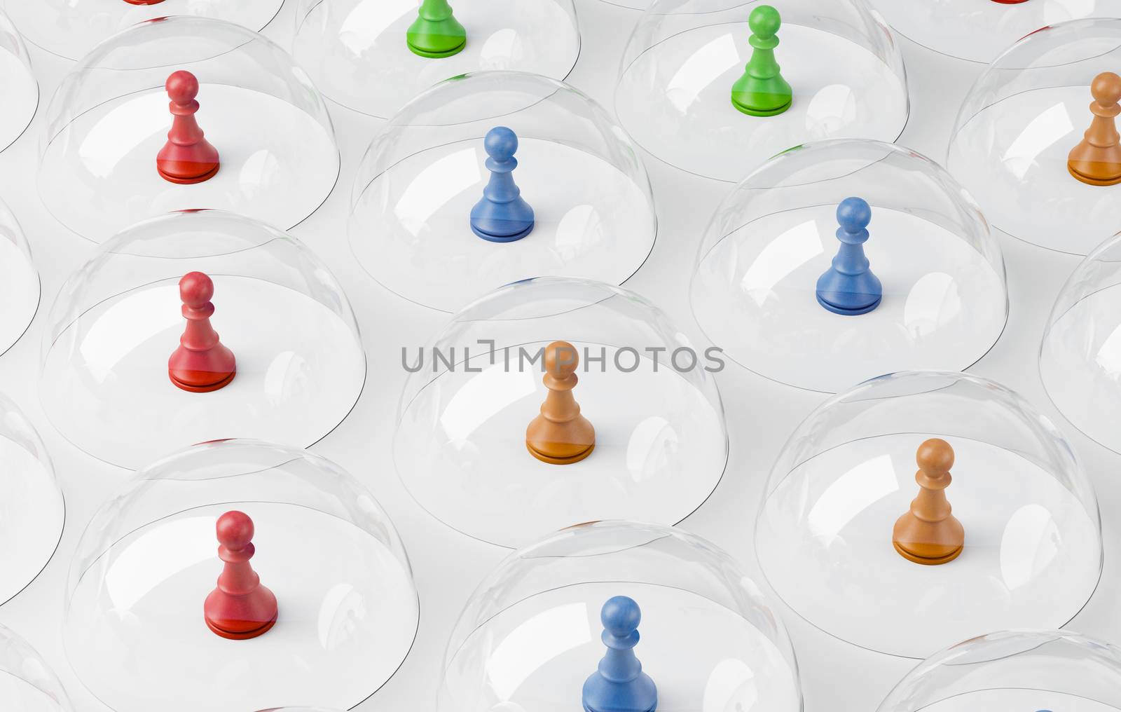 Colorful Wooden Chessmen Under Glass Shields Keeping Distance 3D Illustration, Physical Distancing Concept
