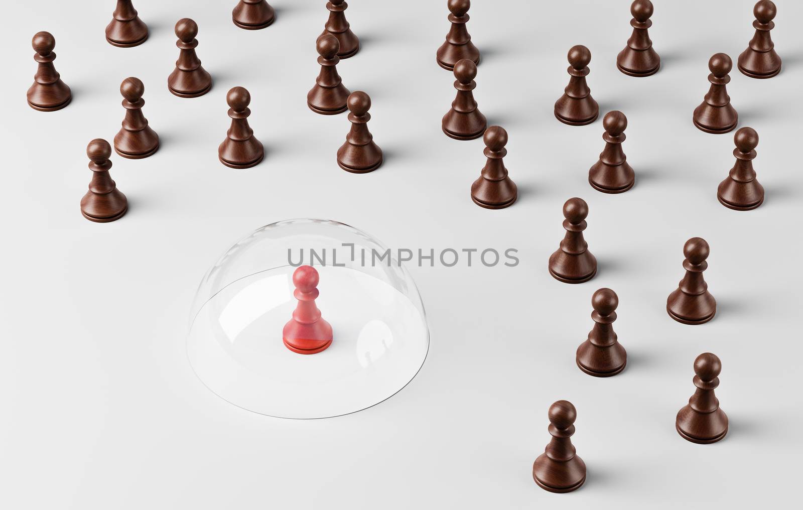 One Red Wooden Chessman Under a Glass Shield Isolated from a Crowd 3D Illustration, Social Isolation Concept