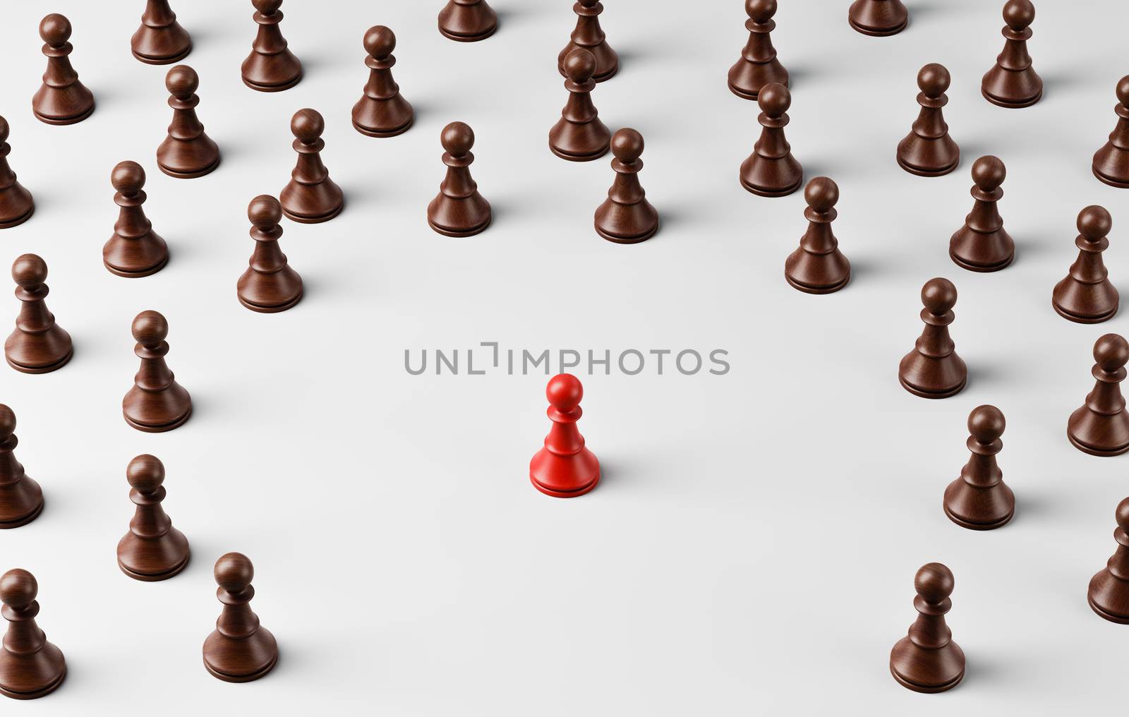 Crowd of Black Wooden Chessman Watching the Red Leader 3D Illustration, Leadership Concept