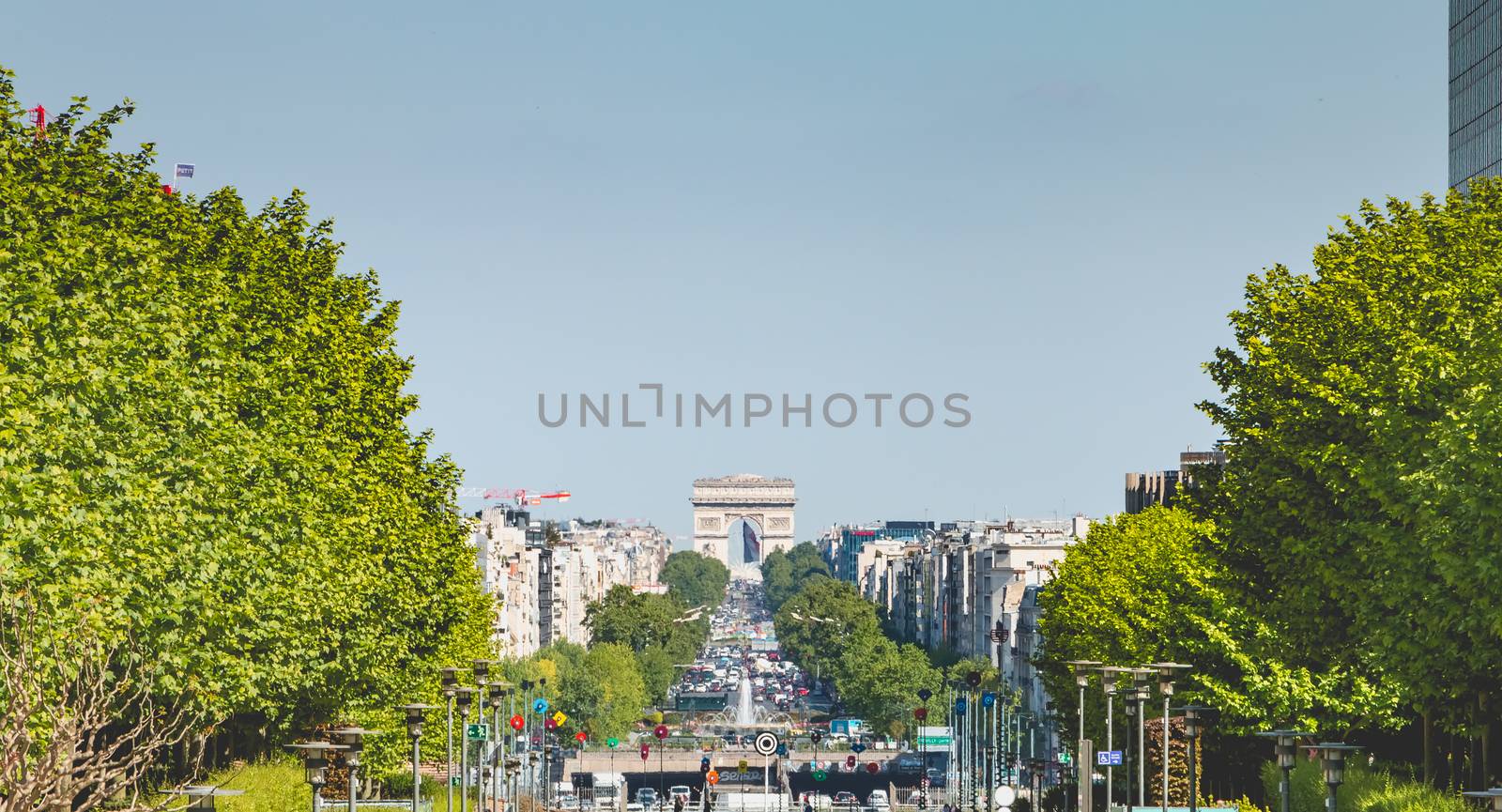 Paris, France - May 09, 2017 : view of Paris and the Arc de Triomphe from the Defense business district in the spring