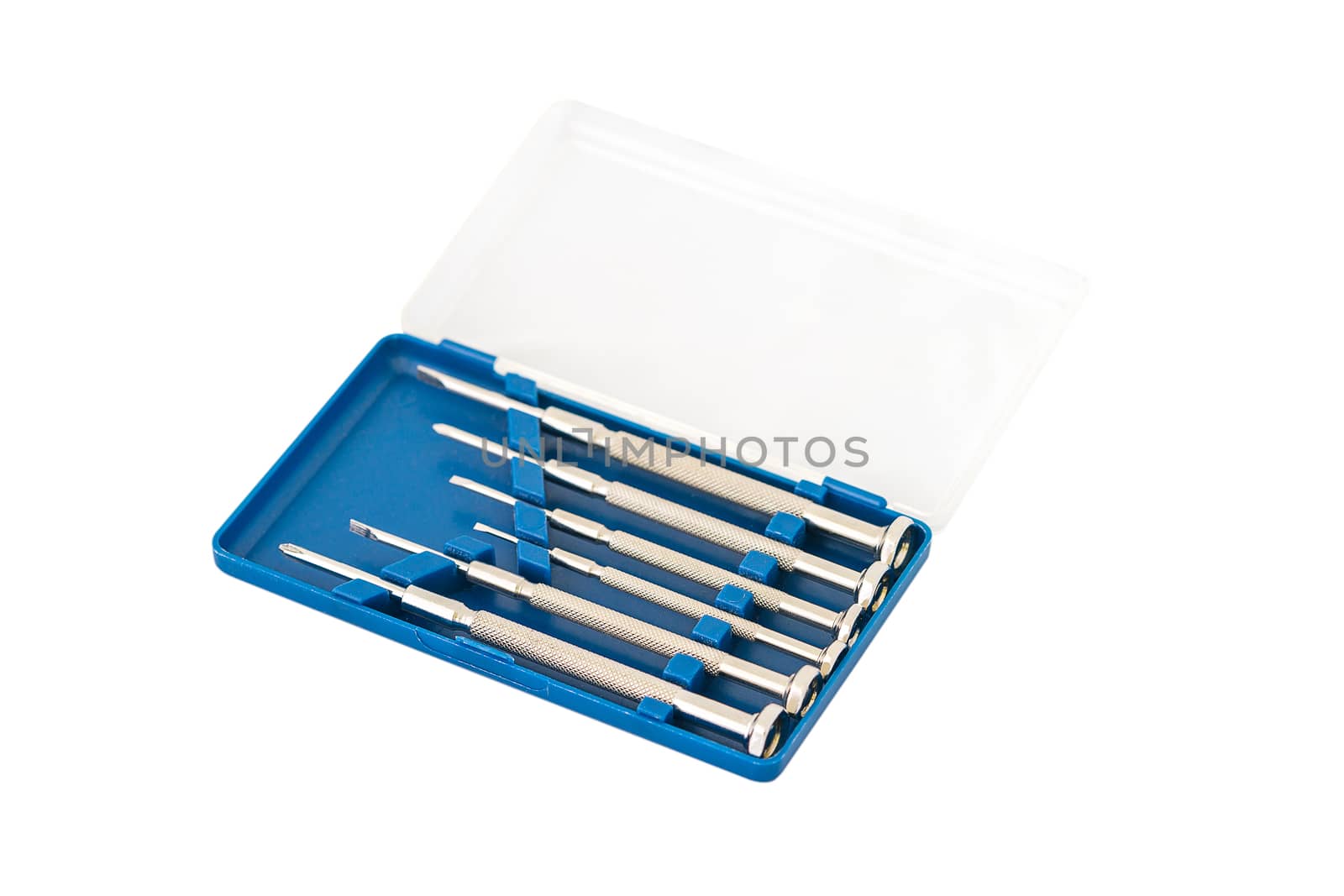 Screw Drivers in Box Set Isolated on White Background