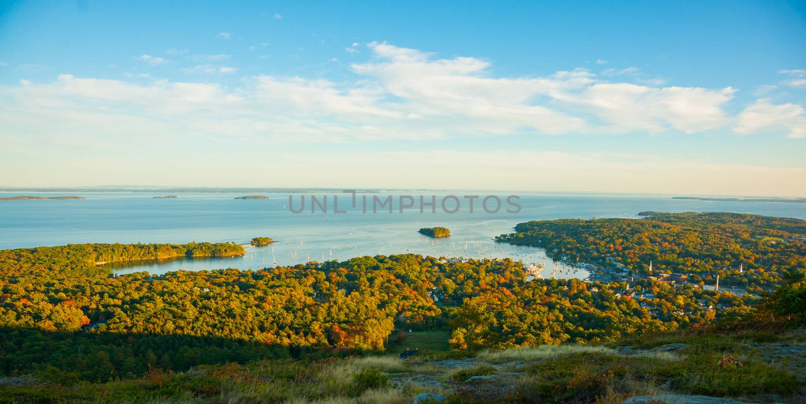 Camden, small coastal quaint town popluar with boaties and tourists from hill above in Maine, USA.